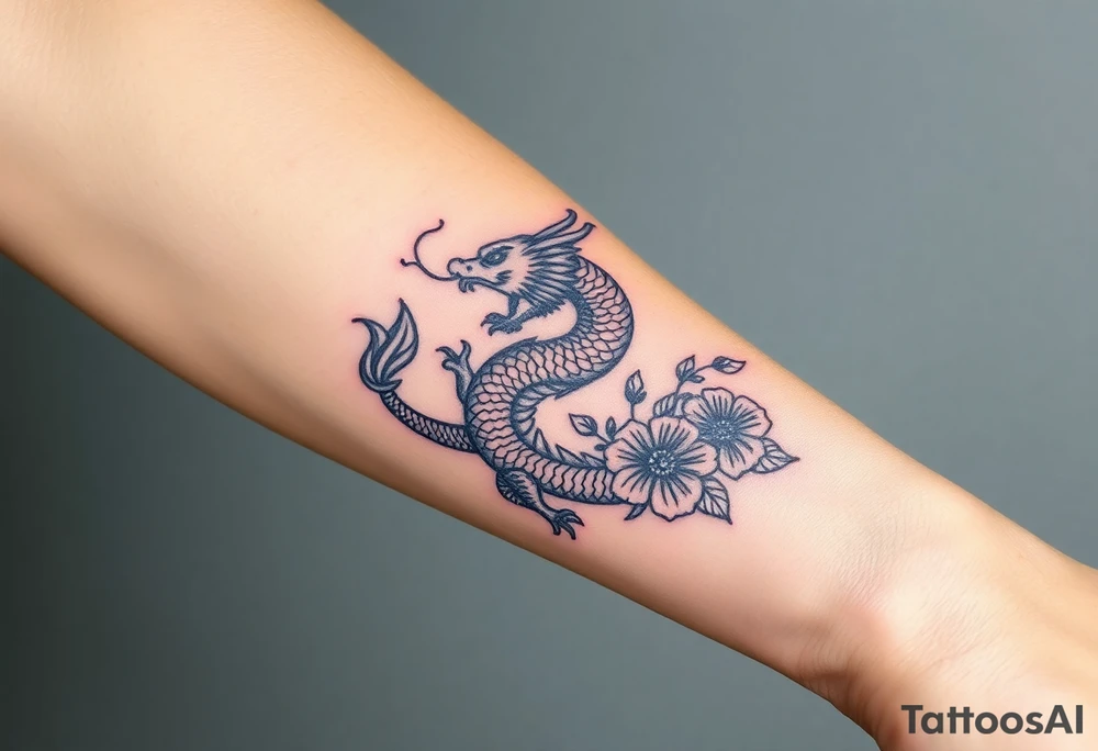 A mythical dragon with a Koi fish and Oma with flowers around it Japanese style on forearm tattoo idea