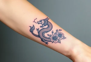 A mythical dragon with a Koi fish and Oma with flowers around it Japanese style on forearm tattoo idea