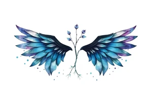 A minimalist wings tattoo that represents a shattered and betrayed gemini woman who fought hard throughout this year. With colors blue and black. Make it unique and rare. Without leaves and stem. tattoo idea