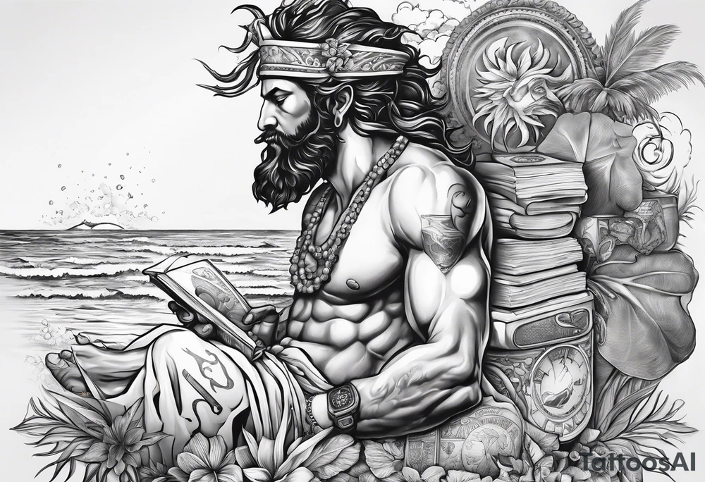God on top representing god over everything, lower on the leg show things like money, drinking, something beachy, cards tattoo idea