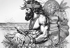 God on top representing god over everything, lower on the leg show things like money, drinking, something beachy, cards tattoo idea