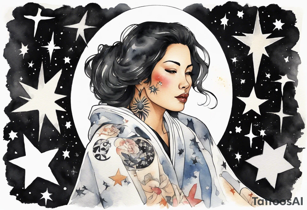 a watercolor of a beautiful 40-year-old latina woman wearing black and white cloak surrounded by the stars tattoo idea
