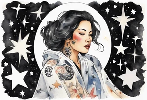 a watercolor of a beautiful 40-year-old latina woman wearing black and white cloak surrounded by the stars tattoo idea