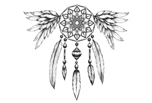 native dreamcatcher with flowing feathers and sacred beads tattoo idea