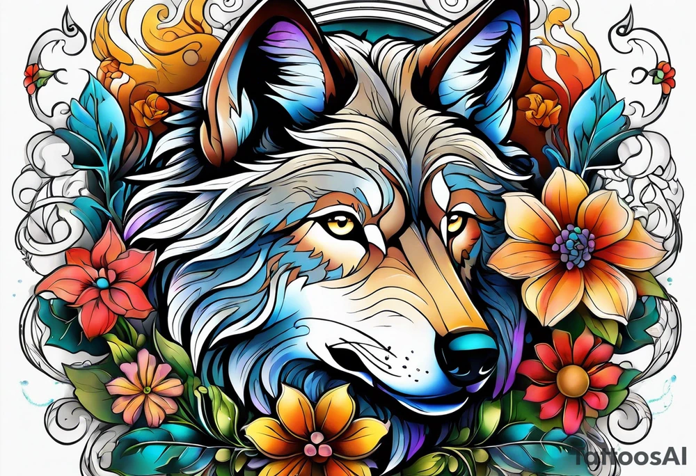 Wolf, flower, cross tattoo idea