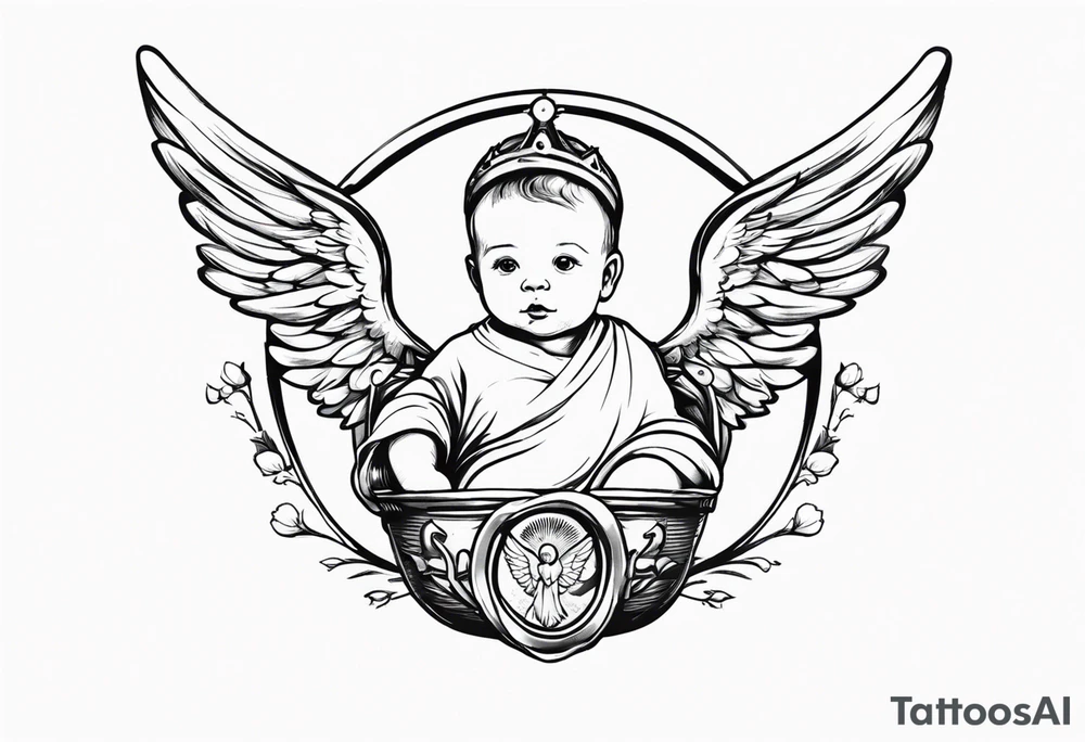 a baby who has angelic wings a robe and a halo in his hand is a concrete drill tattoo idea