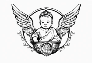 a baby who has angelic wings a robe and a halo in his hand is a concrete drill tattoo idea