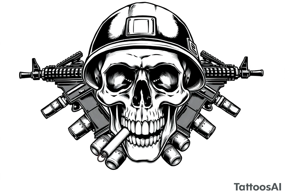 Skull wearing a soldier's helmet, crossed assault rifles behind it, cigar in mouth,grenades, tattoo idea