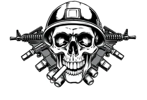 Skull wearing a soldier's helmet, crossed assault rifles behind it, cigar in mouth,grenades, tattoo idea