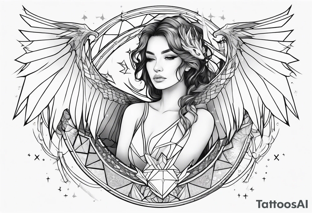 angel, dragon, geometric lines, figures, constellation cancer tattoo idea
