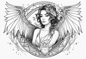 angel, dragon, geometric lines, figures, constellation cancer tattoo idea