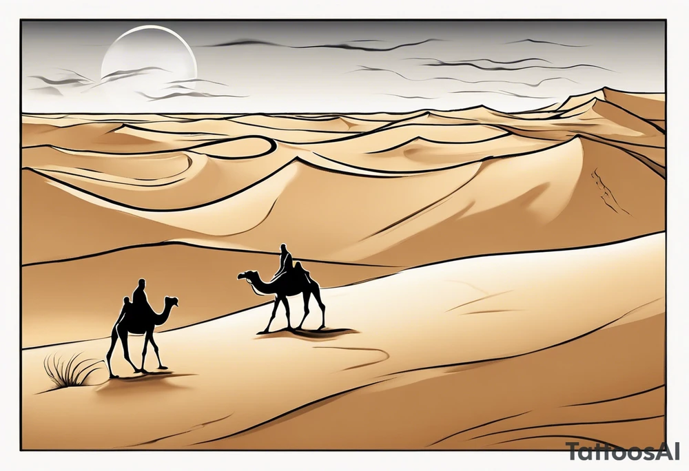 Design a tattoo depicting a distant view of a vast desert landscape with low, undulating sand dunes. Capture a man and his camel moving away, leaving footprints in the sand, both resilient against the harsh environment. The man covers his face with a long cloth, adding a sense of mystery and solitude to the scene. tattoo idea
