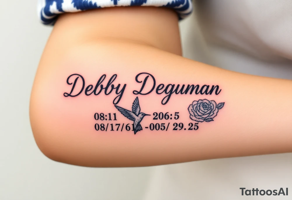 Tattoo of the exact name Debby Deguzman in chunky curly cursive with the exact dates of 08/17/61-05/29/25 surrounded by 1 hummingbird and 1 rose tattoo idea