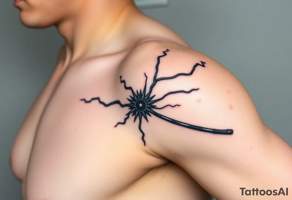 I want a tattoo inspired by the character Izuku midorya from my hero academia. I want his black whip and lighting across my bicep, shoulder and leading slightly to my traps. I want it to be sharp. Not lacking or cringy. Sharp. I don’t want the character or the characters arm. I want the black whip and lighting. tattoo idea