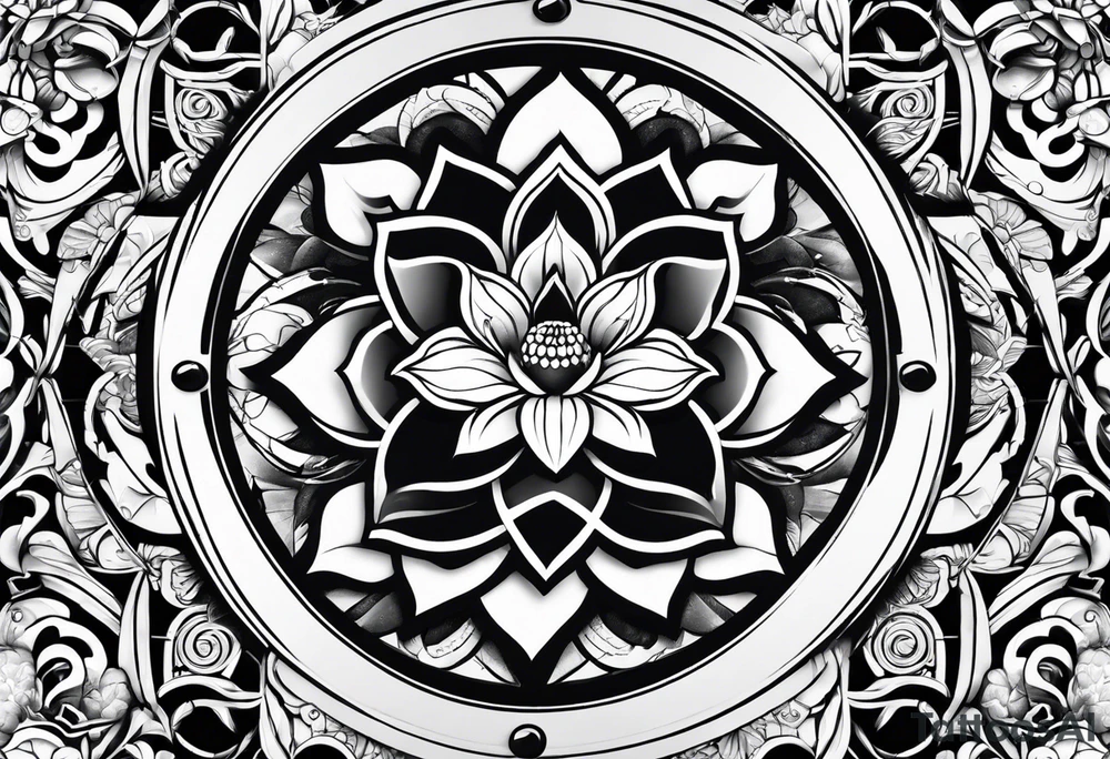 Dharma wheel with dumbbell and a lotus flower intertwined tattoo idea