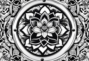 Dharma wheel with dumbbell and a lotus flower intertwined tattoo idea