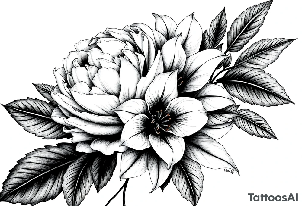 peonies and lilies combination tattoo idea