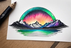 northern lights mountain circle shaped tattoo idea