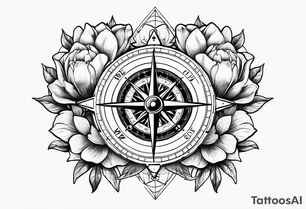 nautical compass with magnolia flowers tattoo idea
