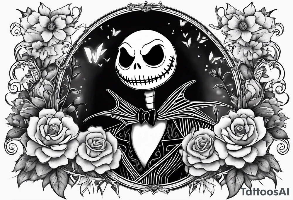 Jack Skellington with flowers as a border tattoo idea Jack Skellington with flowers as a border tattoo idea