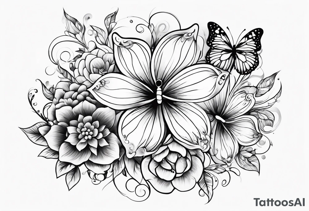 Wavy liquid, flowers, butterflies, energy, divine feminine tattoo idea