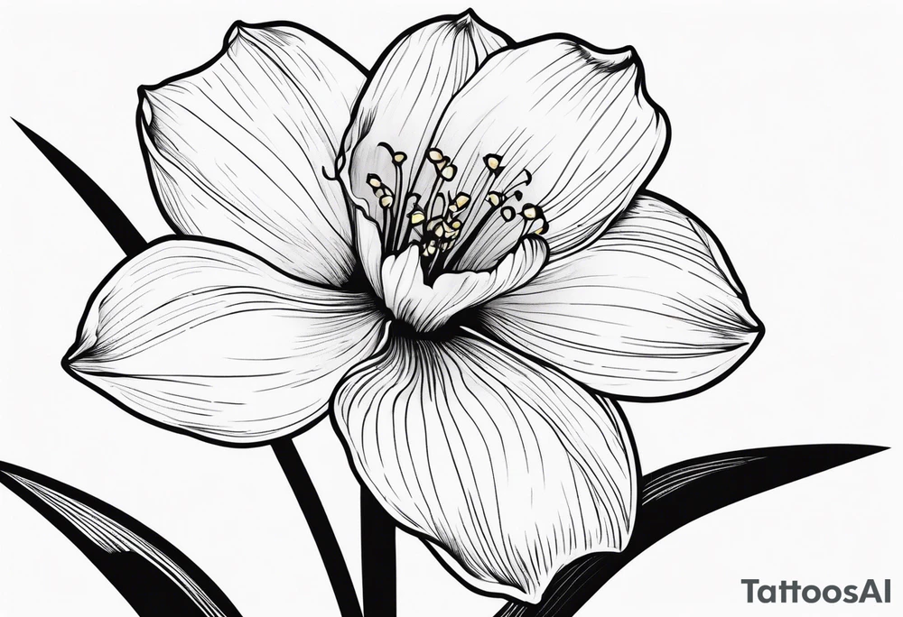 Black line work, delicate, narcissus flower with stem, cursive uppercase I, finger tattoo tattoo idea