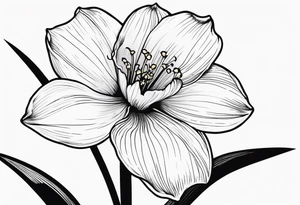 Black line work, delicate, narcissus flower with stem, cursive uppercase I, finger tattoo tattoo idea