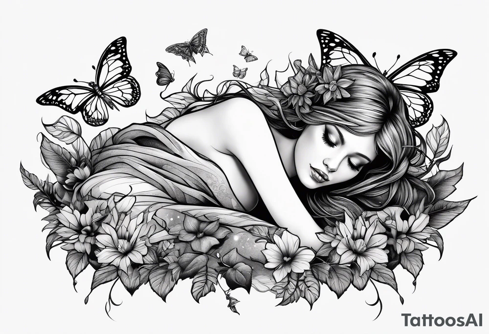 A depressed fairy laid down, flat to the ground on her front, surrounded by mystical woodland and butterflies tattoo idea