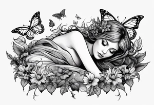 A depressed fairy laid down, flat to the ground on her front, surrounded by mystical woodland and butterflies tattoo idea