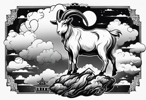 full body goat with kumo clouds in traditional Japanese art style tattoo idea