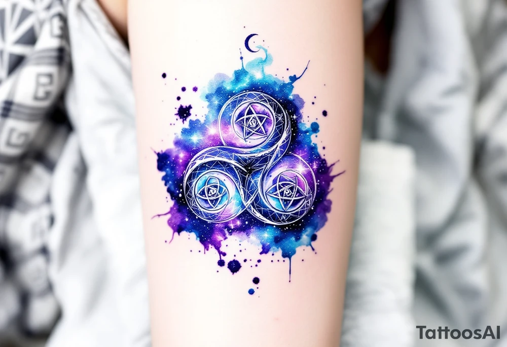 Three triskelion spirals a cosmic nebula effect blending purples, deep blues, and radiant whites, creating an out-of-this-world energy. tattoo idea