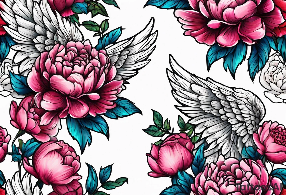 beautiful angel wings with floral peonies, roses, neon, brightly colored. highly detailed, tattoo idea