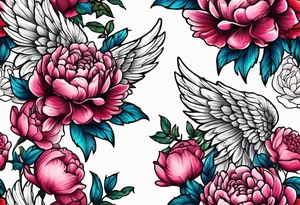 beautiful angel wings with floral peonies, roses, neon, brightly colored. highly detailed, tattoo idea