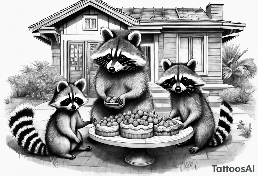 Raccoon Family in Front of her New villa with Pool.
The Husband hast Tools in His Hands.
The wife holds a cake.
The Childs plays with a ball tattoo idea