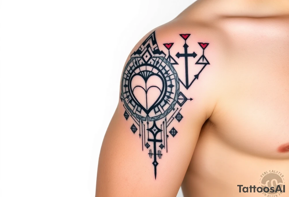 Cover right arm from shoulder to elbow, front and back.
Style is geométricas and tribal. Include healthy and wellness symbols, making a connection between the symbols. Include hearts and names of son and daughter small hidden in the symbols: Isabela, Gabriel, Laura.
Include cross
Draw should cover entire area. Full sleeve style tattoo idea