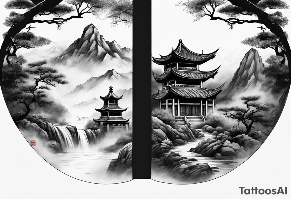 forearm sleeve traditional chinese art painting style Chinese temple two old men wearing robes and drinking tea mountains mist fog waterfall tattoo idea