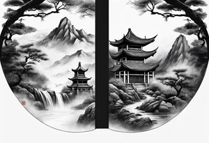 forearm sleeve traditional chinese art painting style Chinese temple two old men wearing robes and drinking tea mountains mist fog waterfall tattoo idea