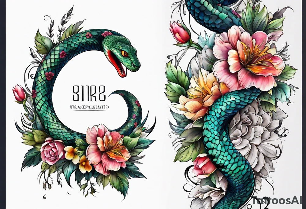 Spine tattoo, snake and flowers tattoo idea
