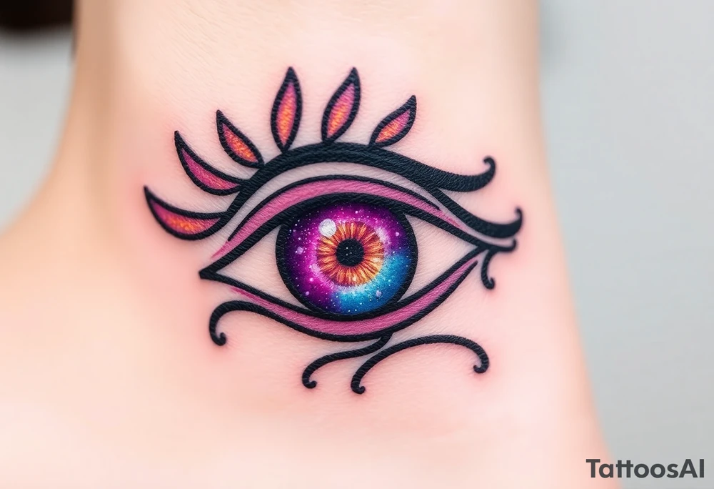 Eye of Horus with a cosmic galaxy inside the iris, swirling in shades of purple, blue, and gold tattoo idea