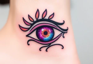 Eye of Horus with a cosmic galaxy inside the iris, swirling in shades of purple, blue, and gold tattoo idea