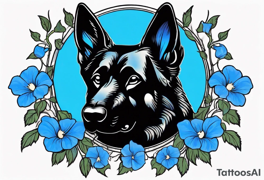 Black German shepherd face surrounded by blue morning glories tattoo idea