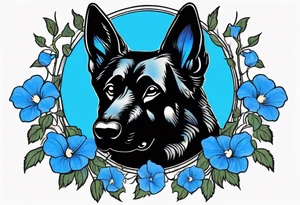 Black German shepherd face surrounded by blue morning glories tattoo idea