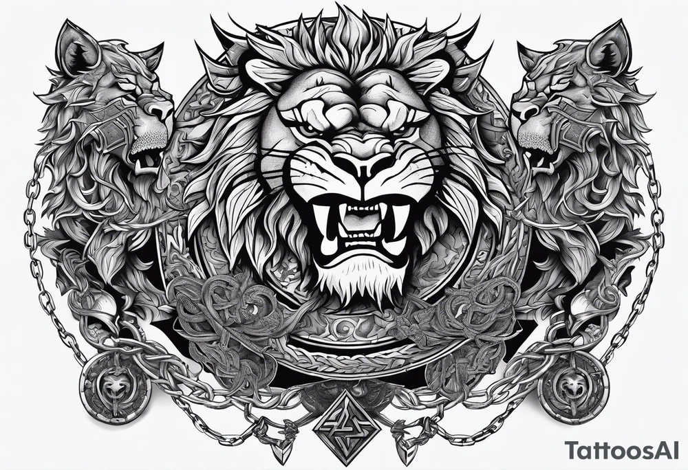 Valhalla sword shield  axe lion dragon 
Valknut barbed wire chains tattoo idea