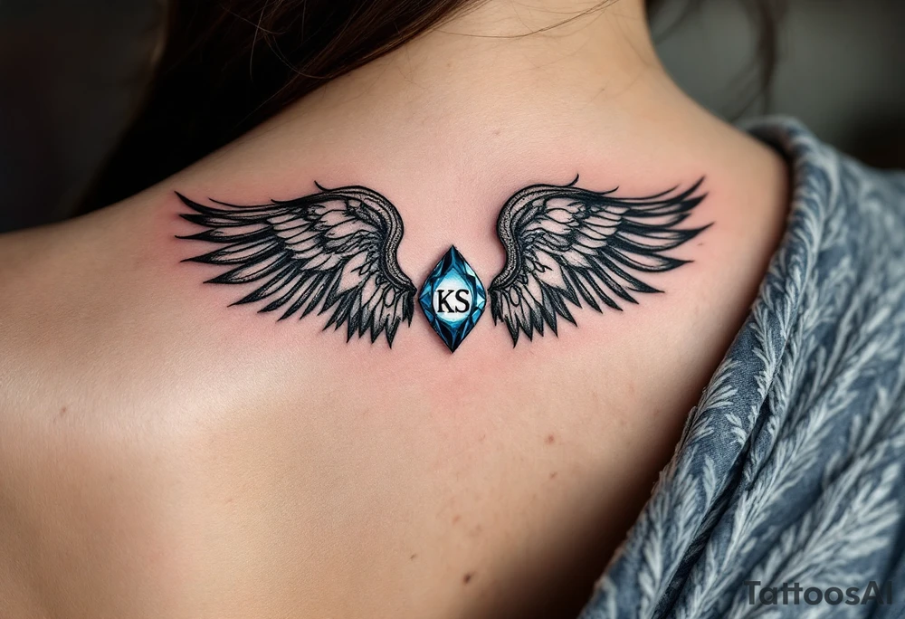 A pair of black ink wings cradling a small, blue gem with the son’s initials KS inside. tattoo idea