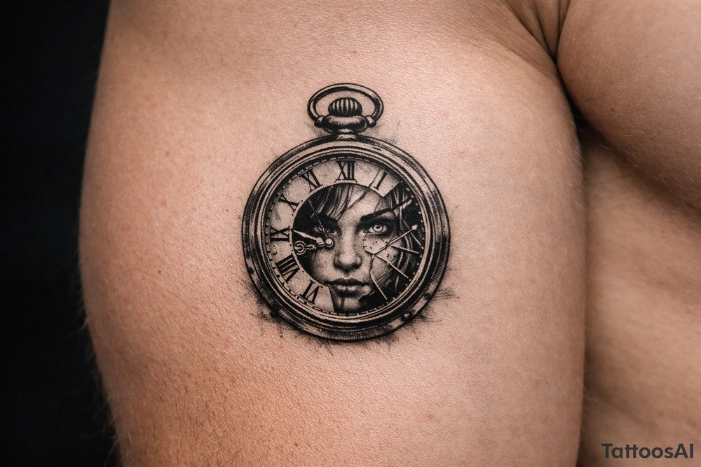 Large pocket watch, Margo's face peering through the glass. tattoo idea