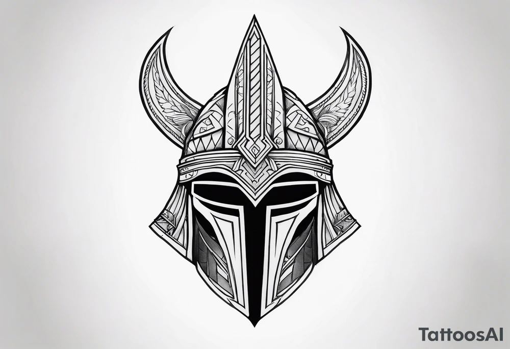 Create a Blackwork tattoo design featuring a warrior’s helmet with a bold, angular structure and a pointed crest. The helmet has two narrow, triangular eye slits. A prominent scar runs diagonally across the right eye slit, starting above the slit, cutting through its middle, and continuing below the lower edge. The scar should have slightly jagged edges with natural tapering, appearing as a healed cut on the metallic surface. The design should use thick, bold lines with no shading and focus on high contrast to create a clean and striking Blackwork tattoo tattoo idea