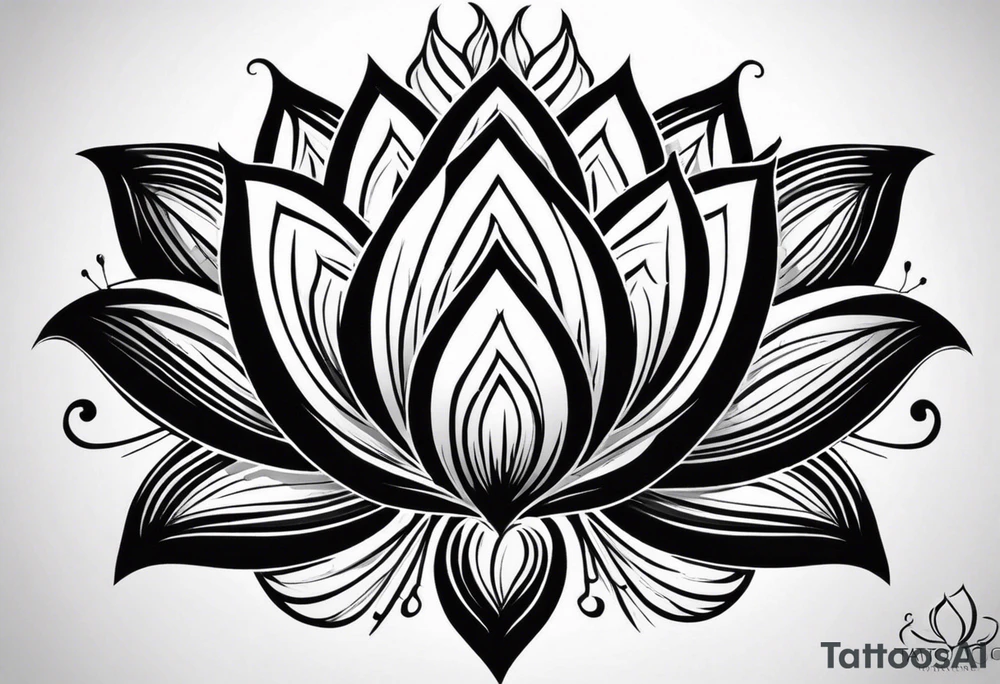 Make a strong and abstract looking lotus flower that will take up the upper left portion of my back. Embedded in the lotus’s leaves should be a rocky area to symbolize strength, a helix to symbolize resiliency and a Greek delta to symbolize transformation. The tattoo should overall represent resiliency and strength and present a strong, firm foundation that displays strength in the face of trauma. The lotus will be the focal point with the other elements naturally included. tattoo idea