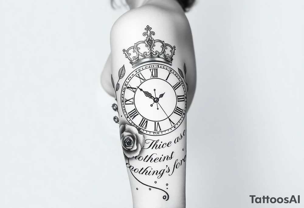 Roman clock with a crown, surrounded by 3 roses and a quote that says nothings forever tattoo idea