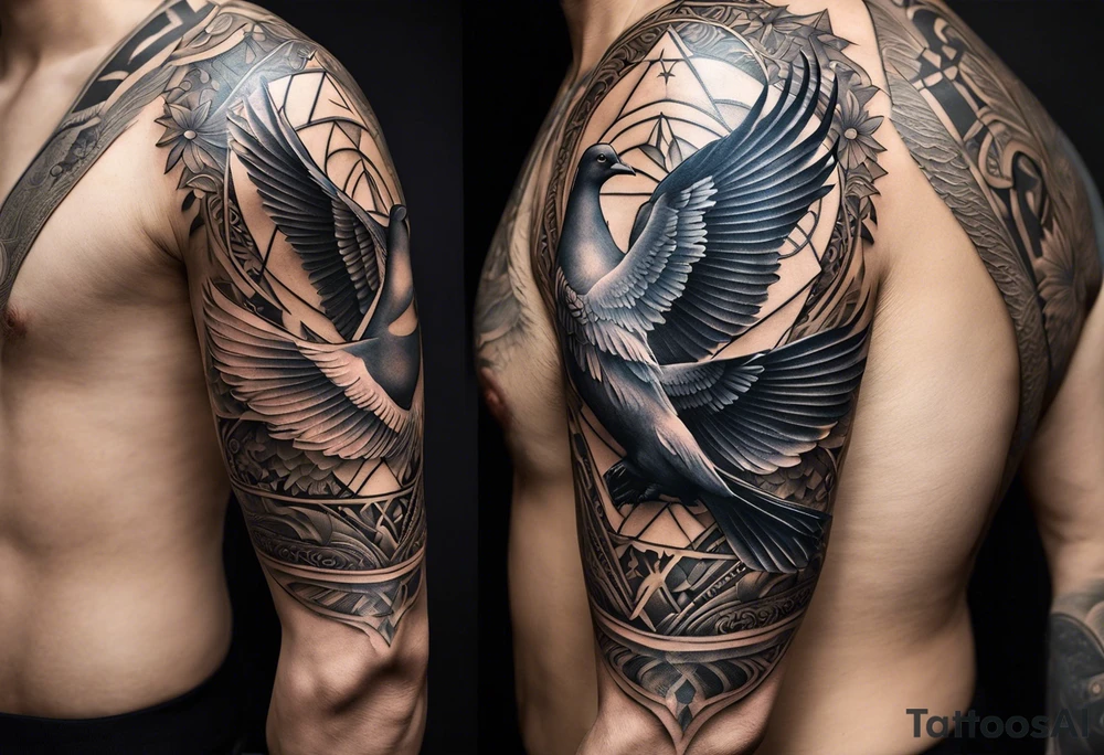 A full tattoo sleeve with a strong, masculine design, featuring a central motif of a majestic dove in flight, symbolizing peace and freedom. The dove is depicted with detailed feathers and dynamic movement, making it the focal point of the sleeve. Positioned subtly yet prominently, an intricately detailed eye within an equilateral triangle is incorporated into the design, representing the all-seeing eye or third eye. This eye is carefully shaded to blend seamlessly with the overall design, providing a symbolic layer without overshadowing the dove. Surrounding these elements, incorporate roses and leaves, rendered with rich, deep shading to create a cohesive and elegant backdrop. The roses, symbolizing beauty and resilience, and the leaves, adding a touch of natural grace, weave around the dove and eye, creating a harmonious and integrated look. The design features bold shading and contrasts, enhancing the details of both the dove and the floral elements, resulting in a powerful and balanced masculine sleeve with a blend of symbolic and artistic depth. tattoo idea