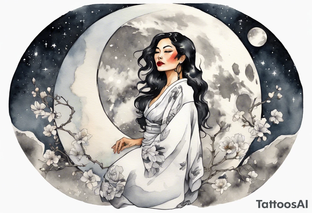a watercolor of a beautiful 40-year-old latina woman wearing black and white robes standing on the moon tattoo idea